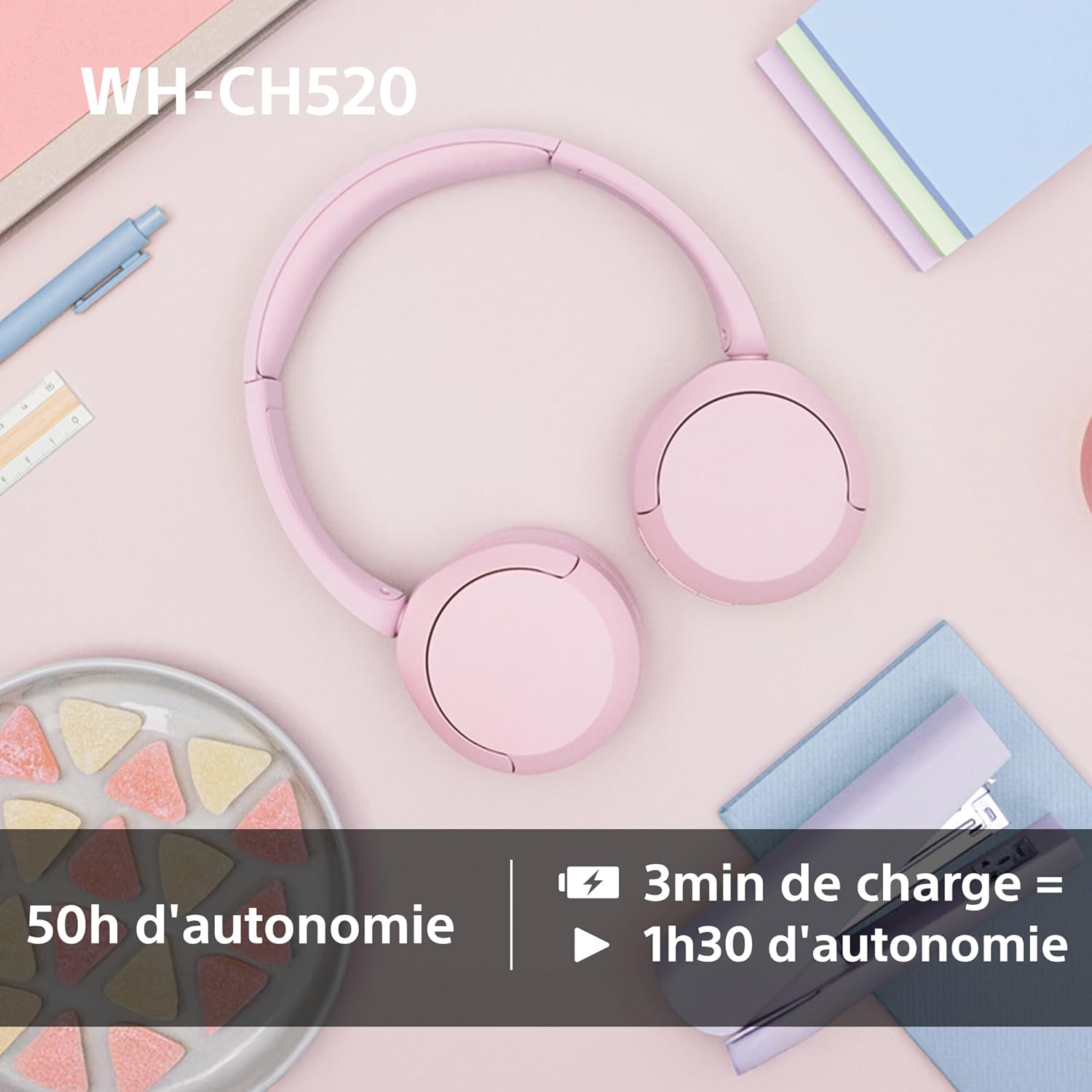 Sony - WH-CH520 - casque Bluetooth, micro, autonomie 50h, rose WH-CH520