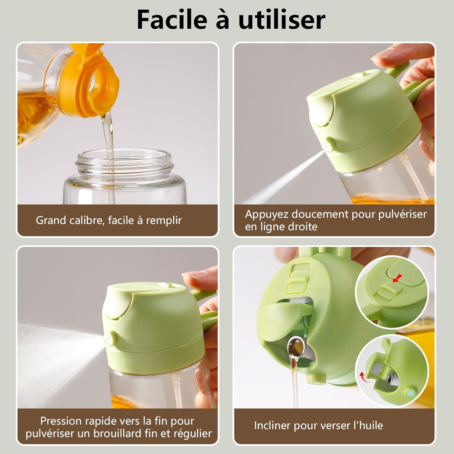 Flacon pulvérisateur d'huile d'olive - verre 470ml - bec verseur 2 en 1, multifonction