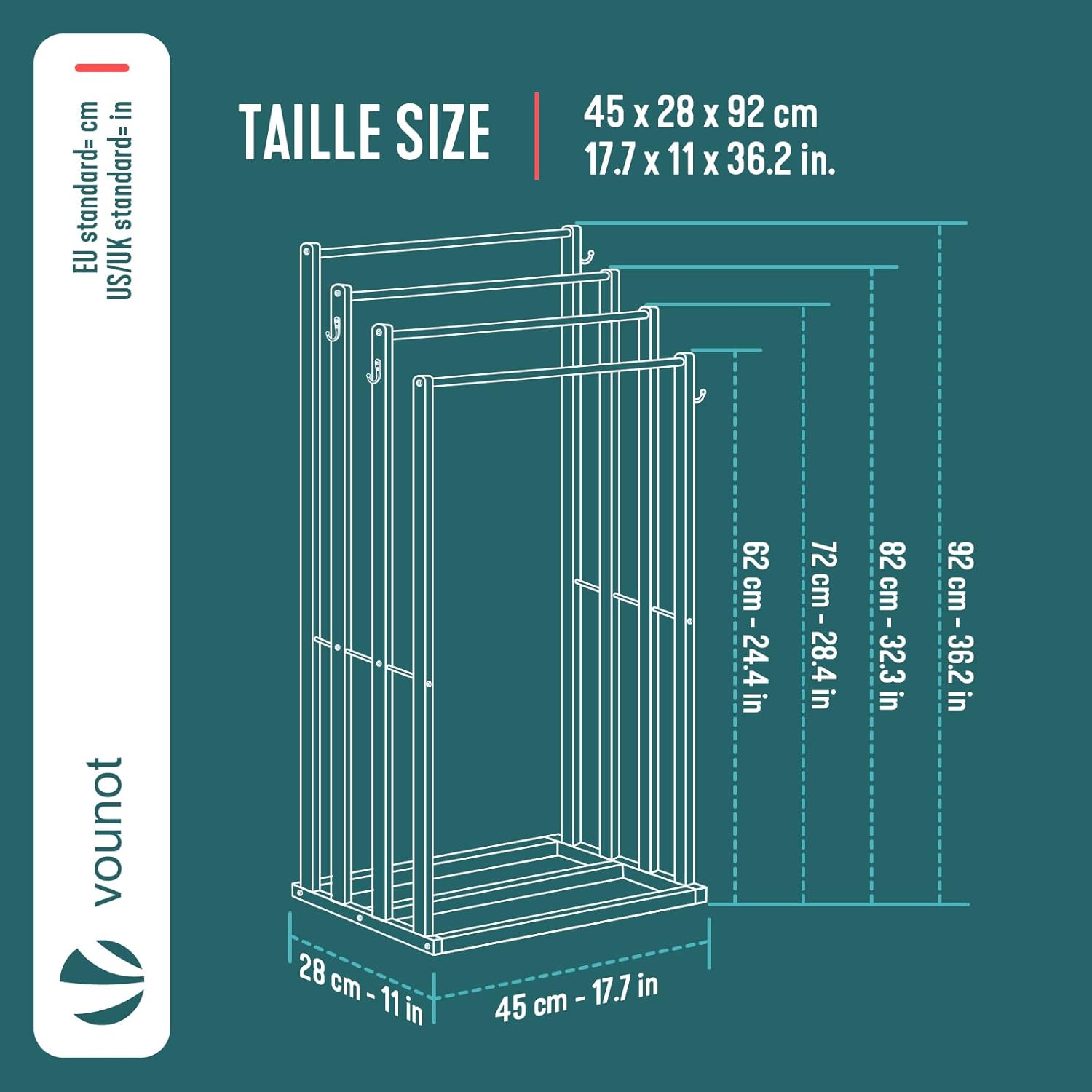 VOUNOT - Porte-serviettes 4 niveaux bambou - autoportant, crochets, bain