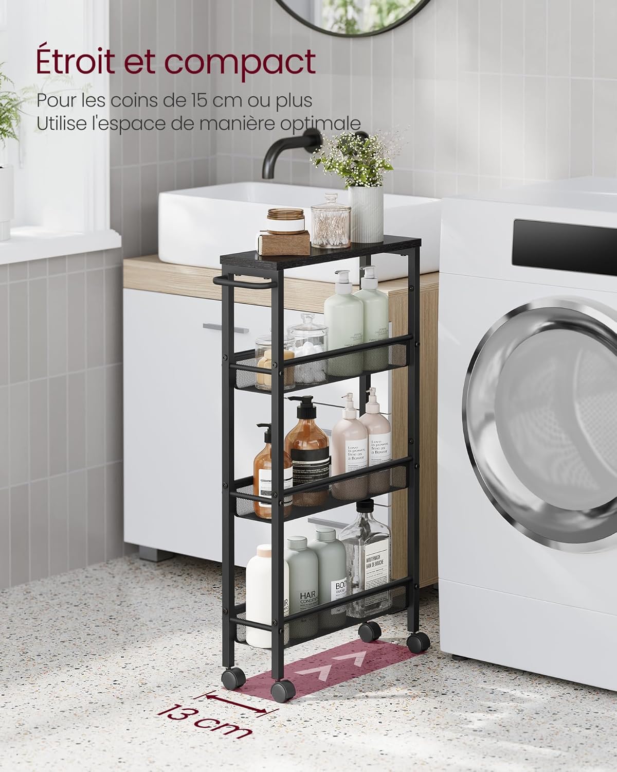 VASAGLE - Desserte 4 niveaux - 13x45,4x77cm - acier, roulettes, poignée - LRC032B04