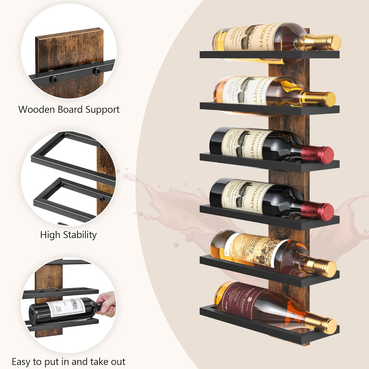 FAVOOSTY - étagère à vin murale - 6 niveaux métal - rangement bouteilles compact élégant