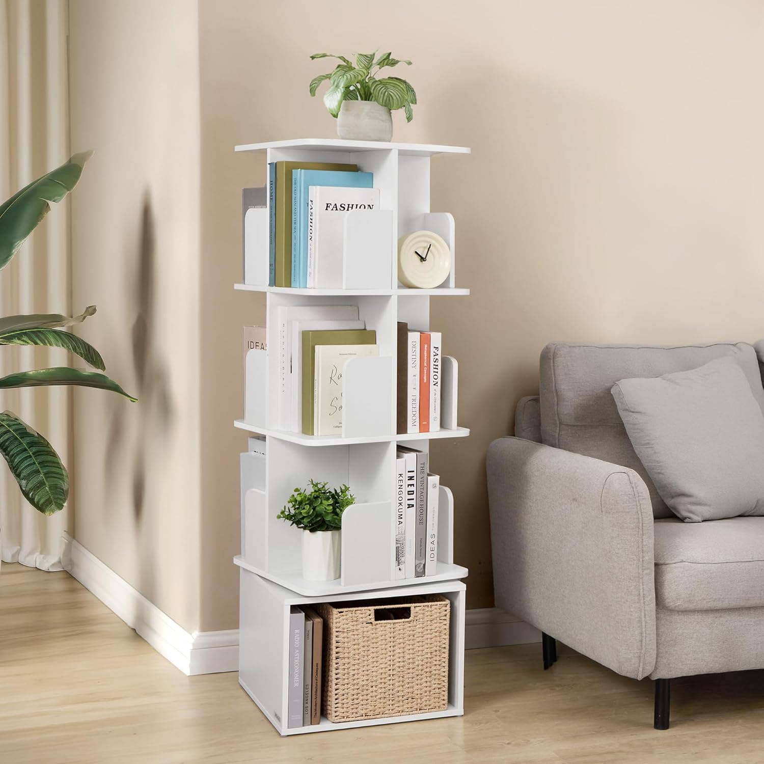 VASAGLE - Custos Collection - 40x40x124,6 cm - bibliothèque rotative 4 niveaux, pivot 360°, blanc nuage LBC471WB01