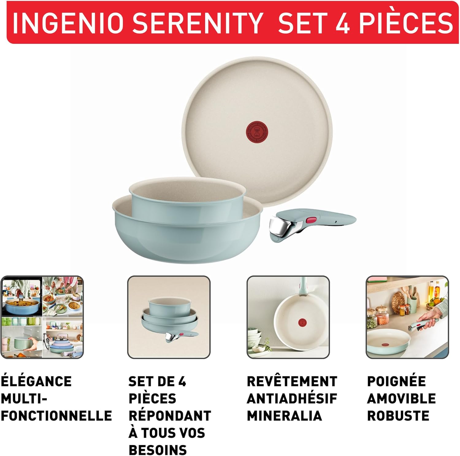 Tefal - Ingenio Serenity batterie cuisine 11pcs, poignées amovibles, induction, L828SB04