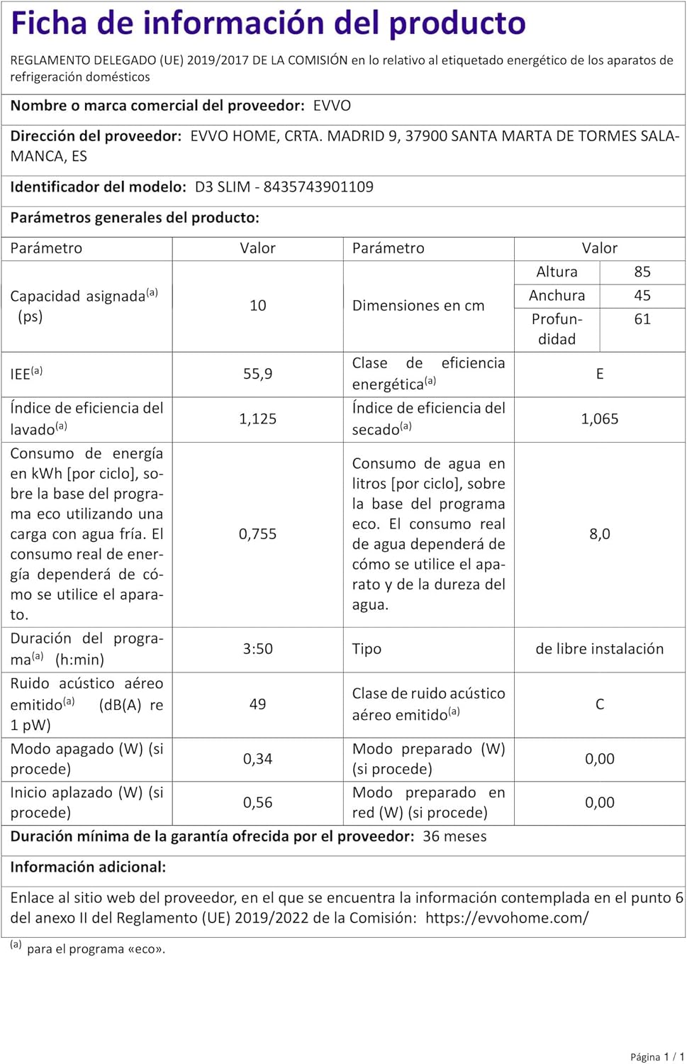 EVVO - D3 Slim - 45 cm - 10 couverts, 8 programmes, plateau réglable
