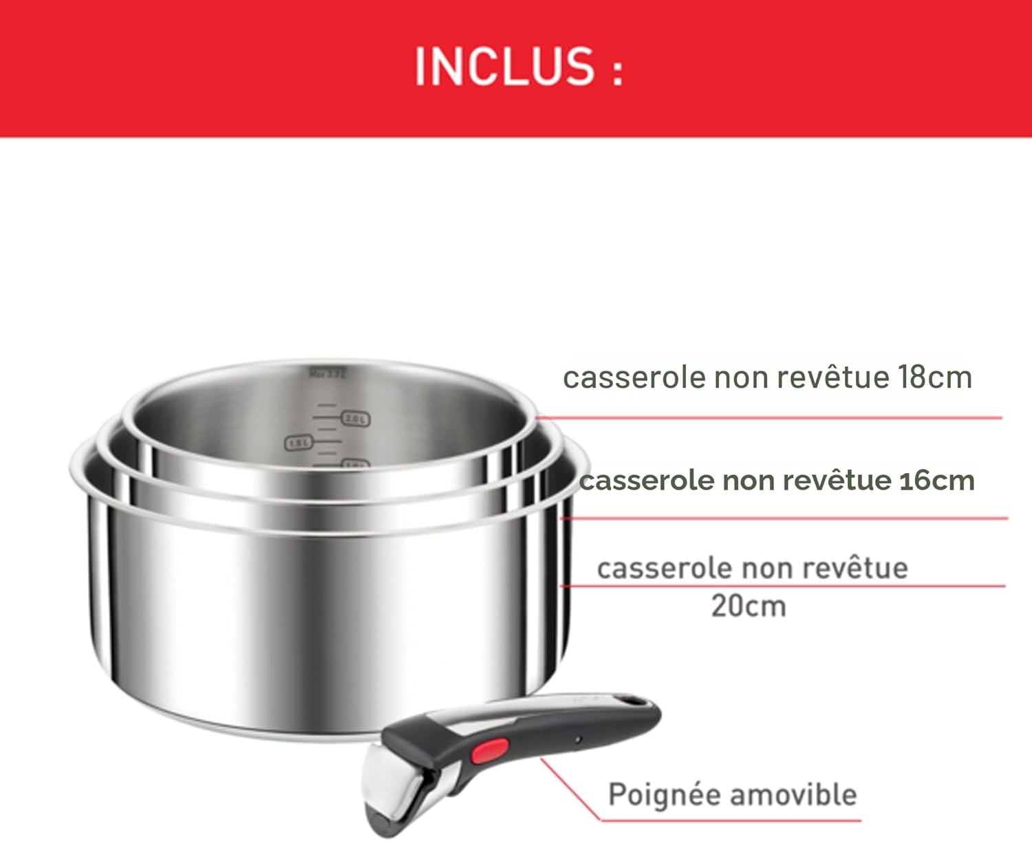 Tefal - Ingenio Preference On - 16/18/20 cm - inox, induction, poignée amovible, empilable, gain de place L898S334