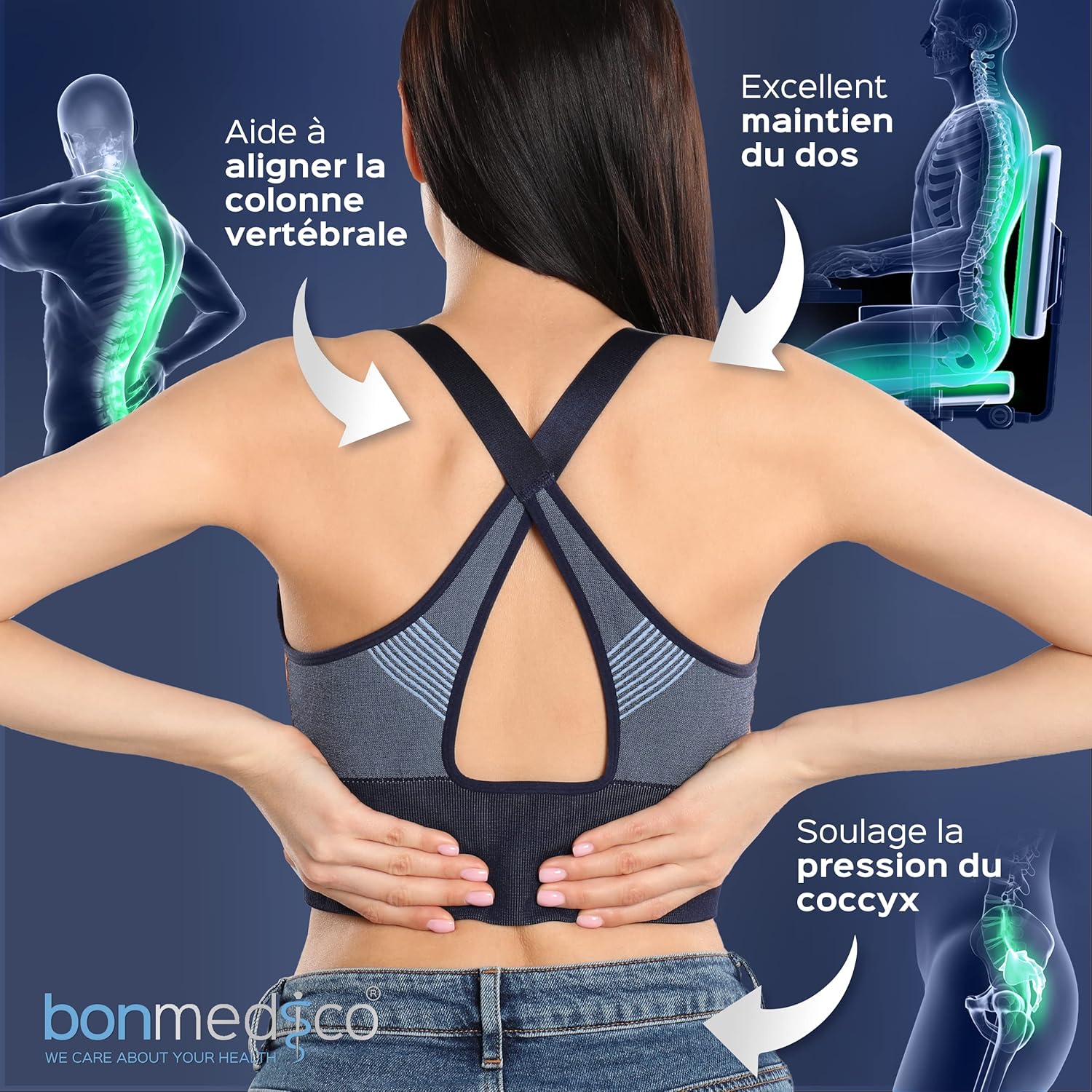 Coussin assise ergonomique mémoire de forme, large, soutien dos noir