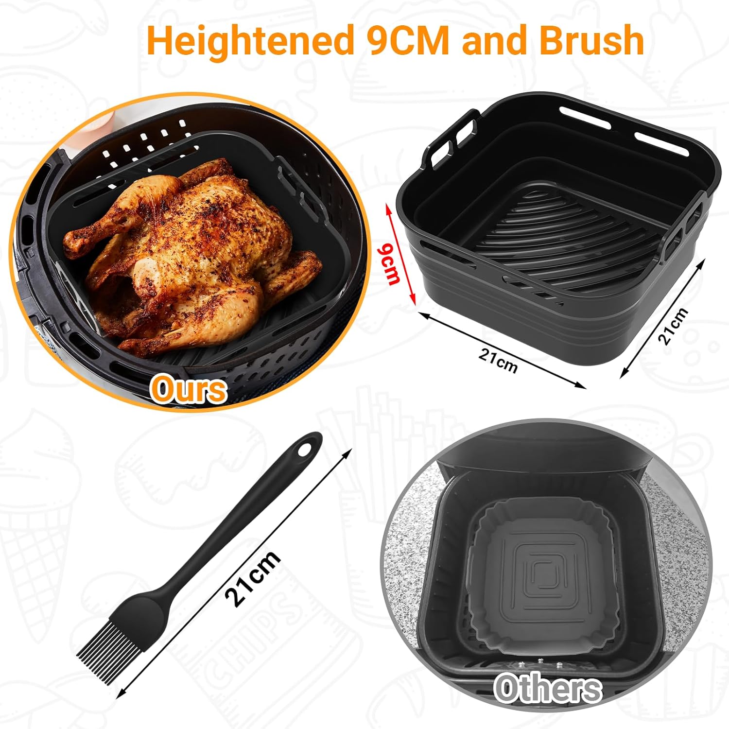 Alyvisun - Moules silicone airfryer carré, 2 pièces, pinceau inclus, compatible micro-ondes et four, noir