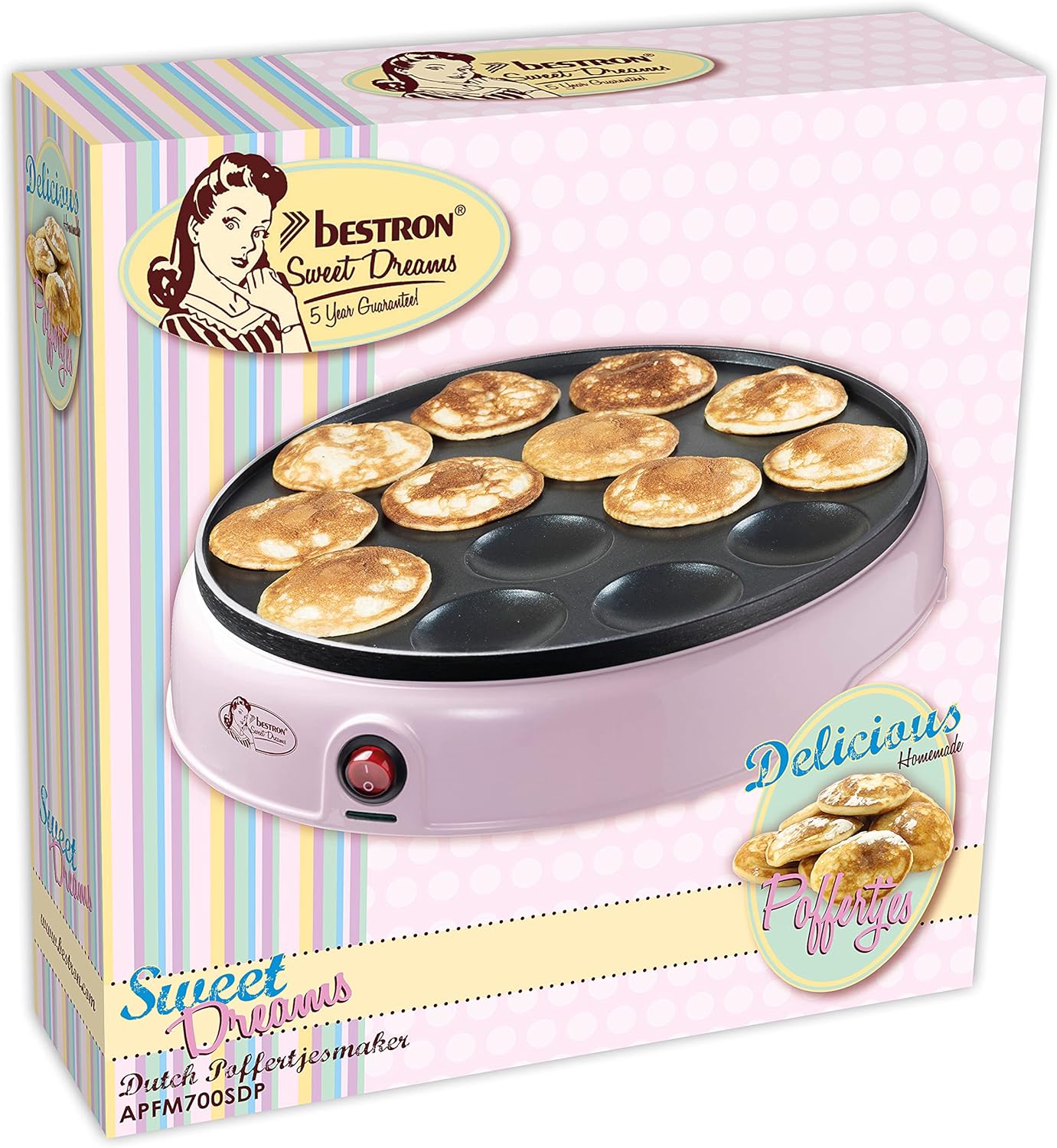 Bestron - Appareil à poffertjes Sweet Dreams - 800W - mini crêpier anti-adhésif, rose