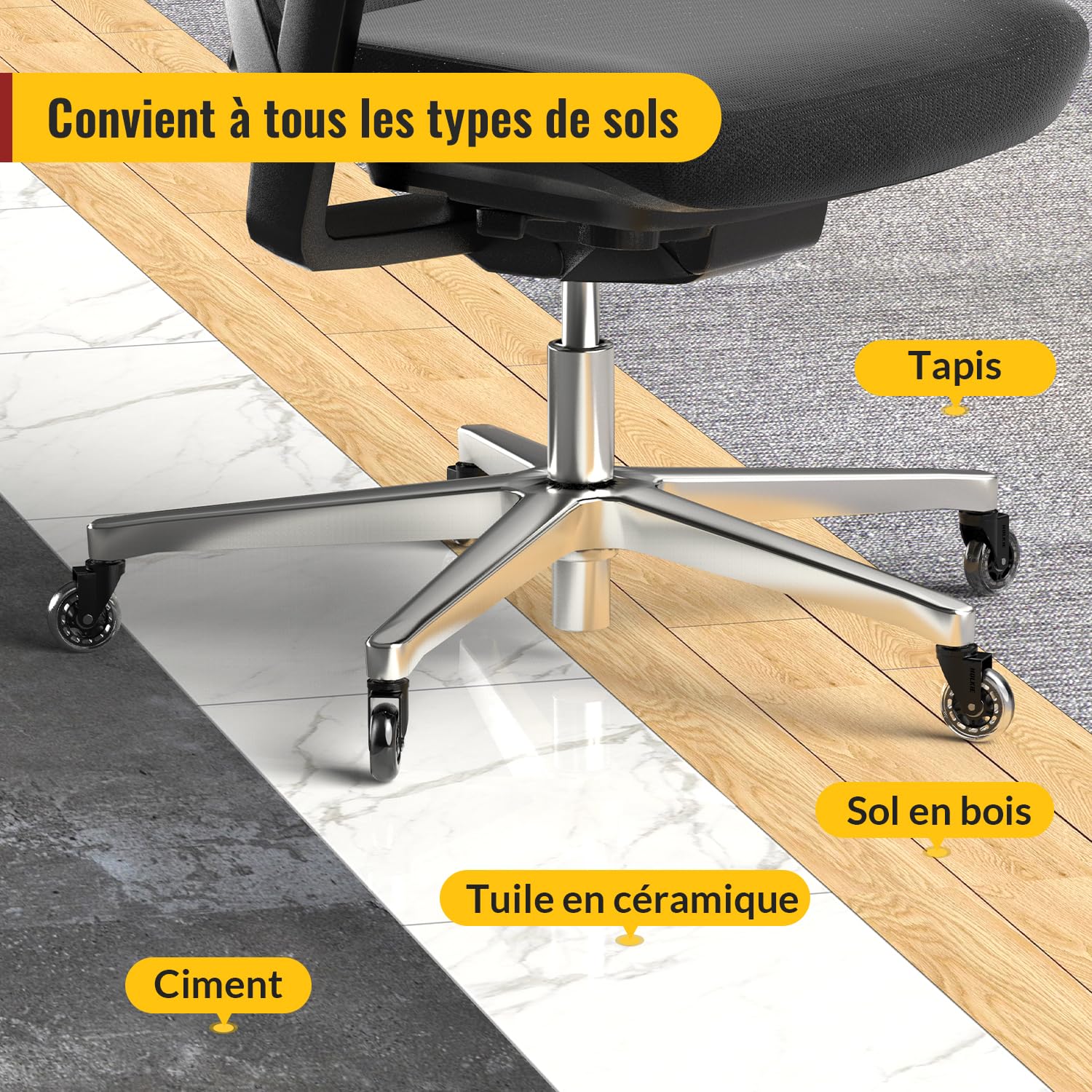 Holkie - roulettes caoutchouc pour chaise bureau - 11x22 mm - lot de 5 robustes, pour sols bois et tapis