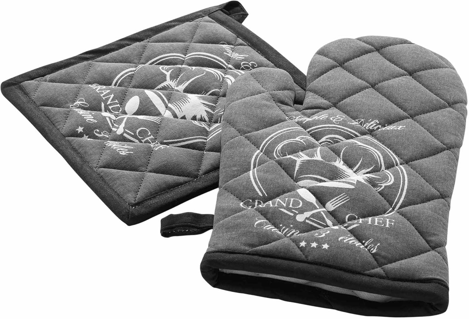 Douceur d'Intérieur - Grand Chef - 18x28/20x20 cm - Gant et manique coton gris imprimé