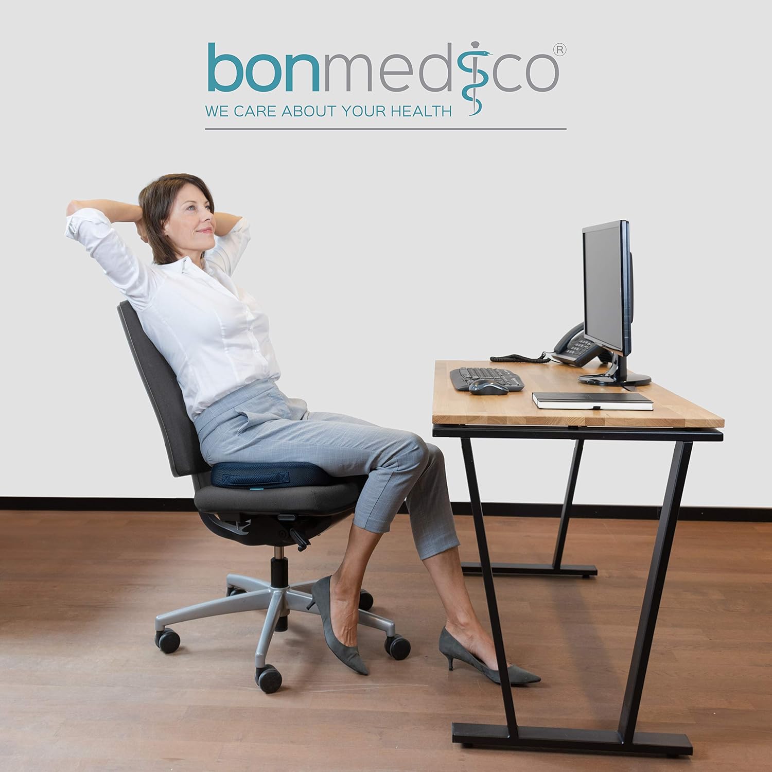 Bonmedico - Coussin standard ergonomique bleu, mousse mémoire, assise bureau