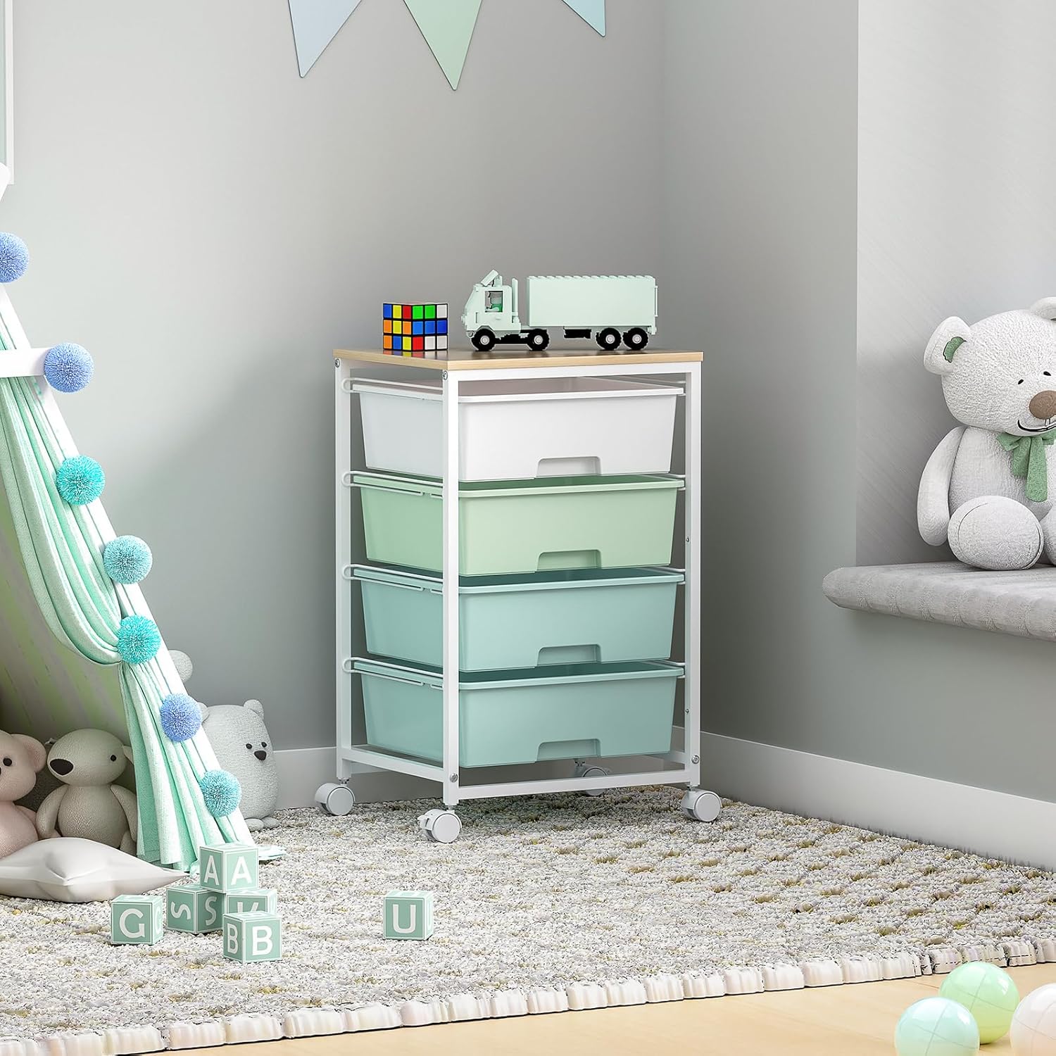 Chariot de Rangement - 4 tiroirs sur roulettes, plateau bois, grande capacité, vert - Idéal cuisine, salon, chambre