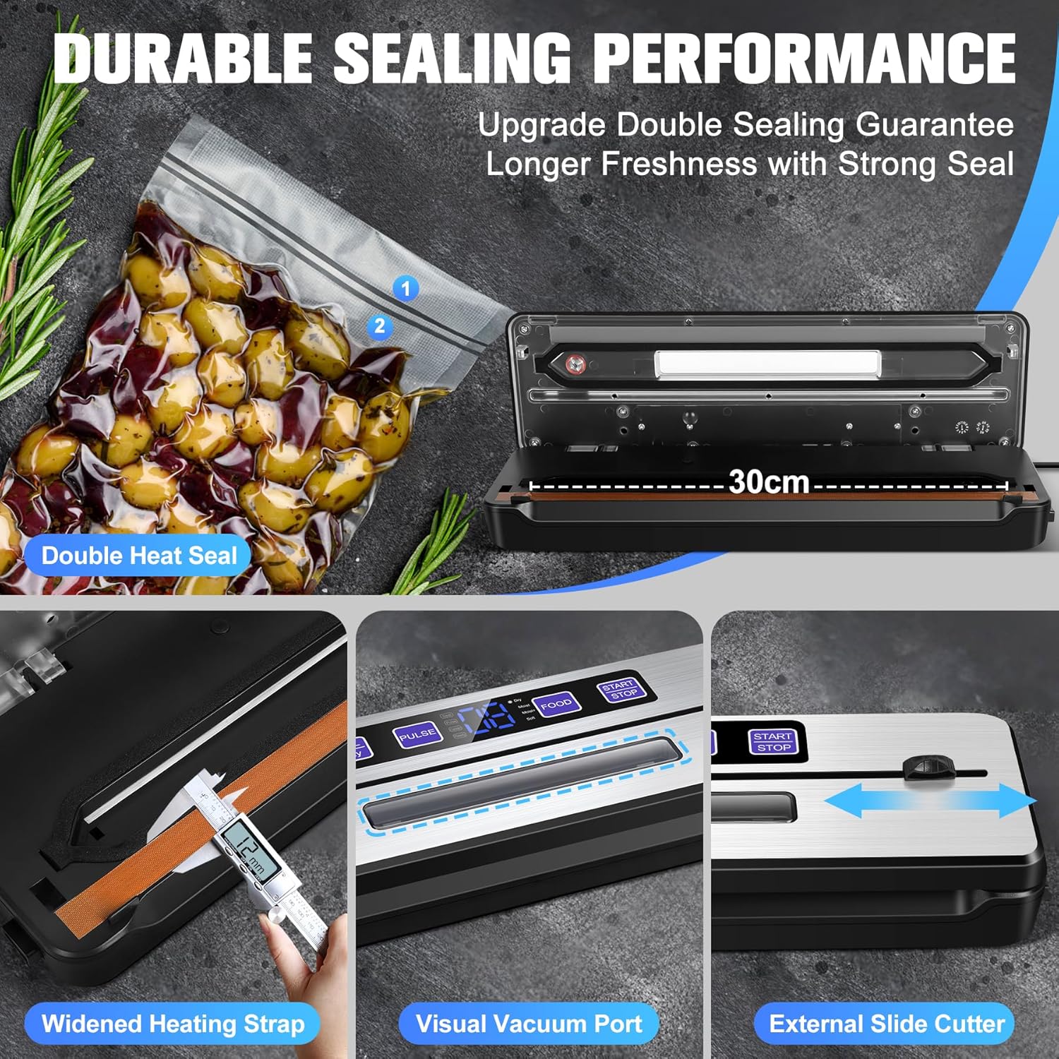 Machine sous vide alimentaire - double thermoscellage, 7en1, 80KPA, compatible aliments secs/humides