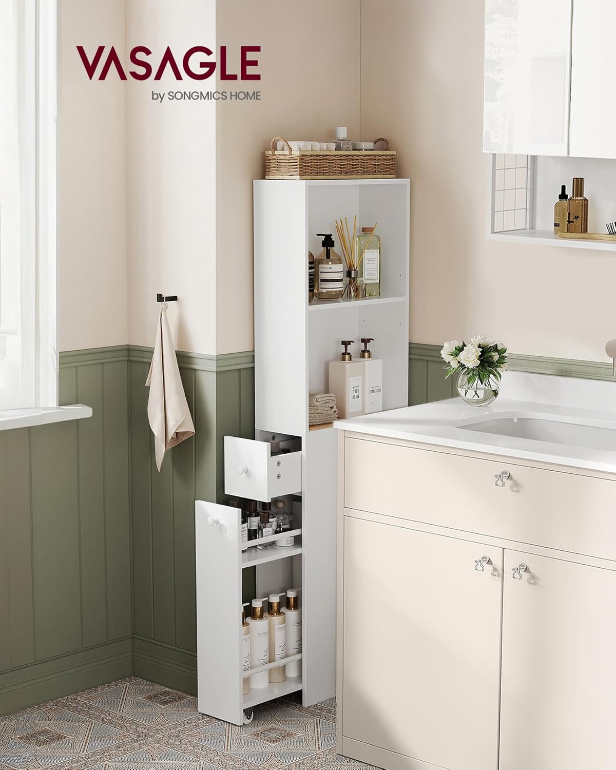 VASAGLE - colonne salle de bain moderne, tiroirs, étagère réglable, 170x30x30 cm, BBK567T14