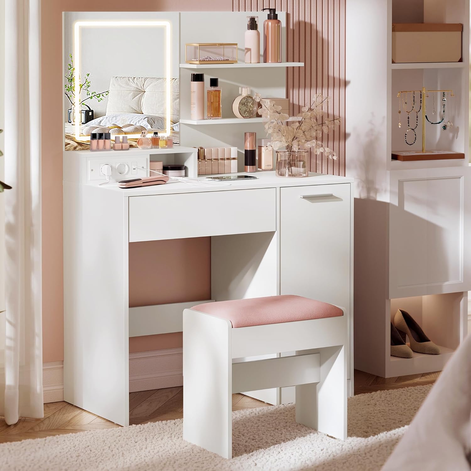 VASAGLE - Kailyn Collection - coiffeuse LED, tabouret, tiroir, 2 étagères, multiprise, blanc - RDT738W01