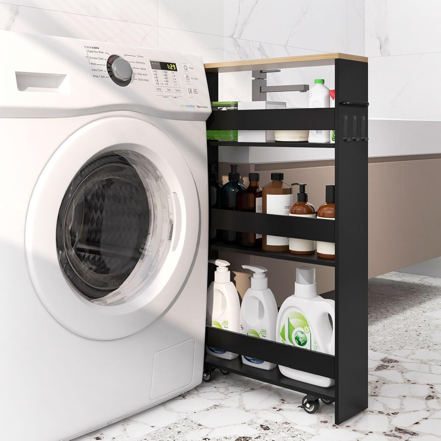 Chariot de rangement 15 cm, 4 niveaux, poignée et crochets, noir/naturel