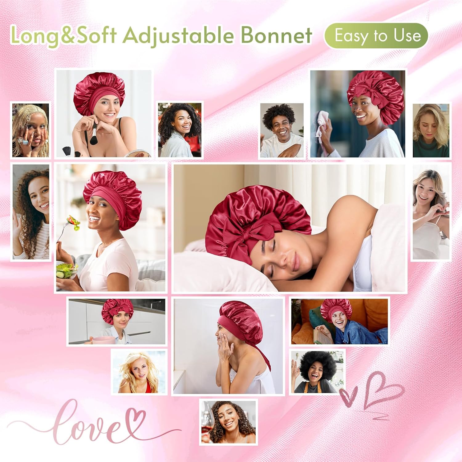 BONNET QUEEN - bonnet satin nuit réglable - moyen - bande longue, rouge