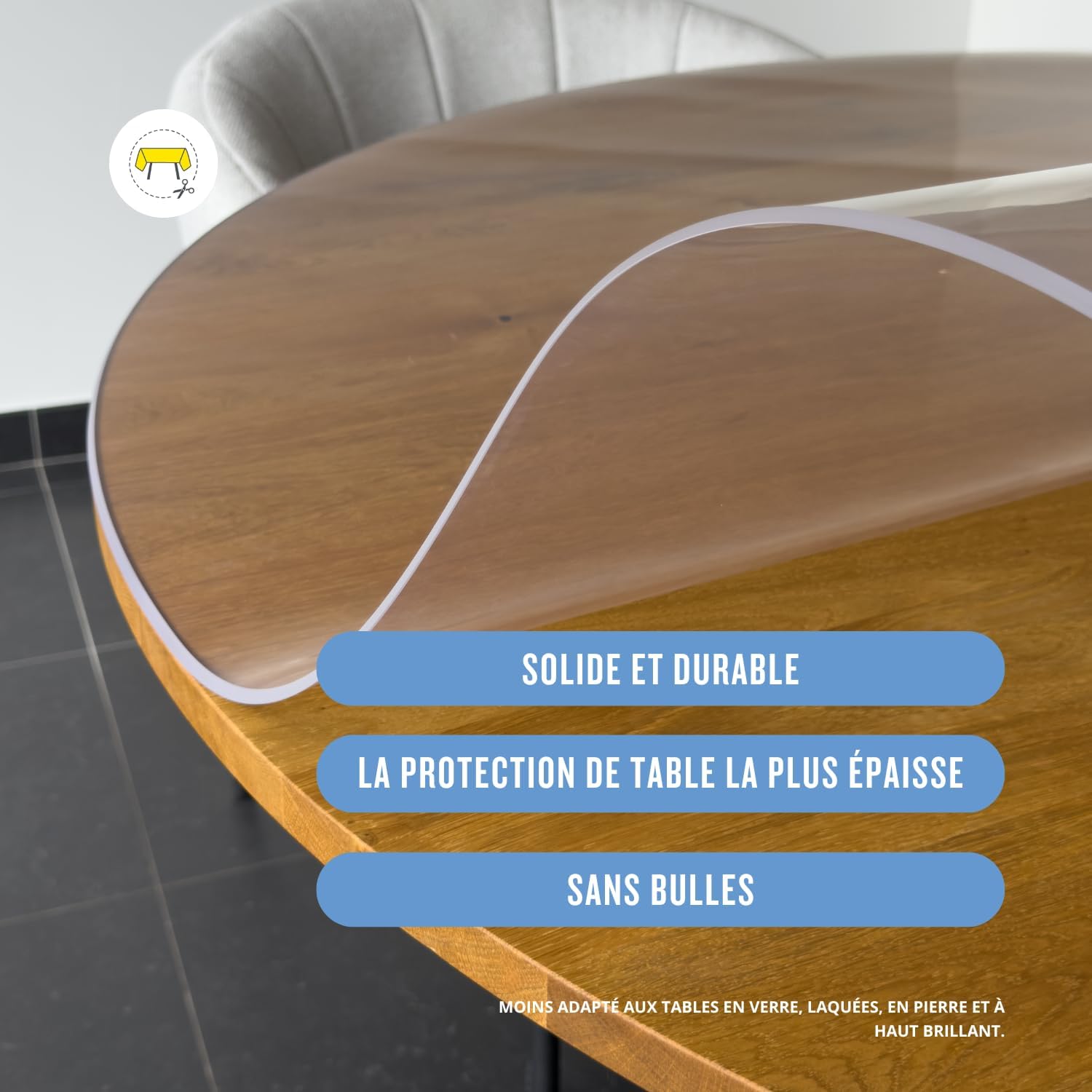 Nappe transparente ronde 115 cm, 3mm, anti-tache, lavable
