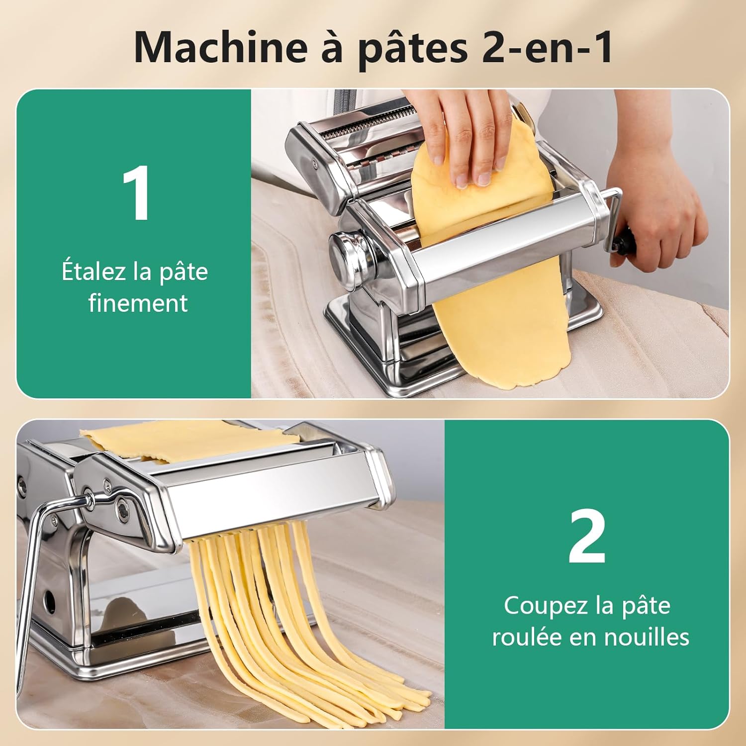 YASHE - machine à pâtes manuelle - inox, 7 réglages, rouleau, coupe-pâtes