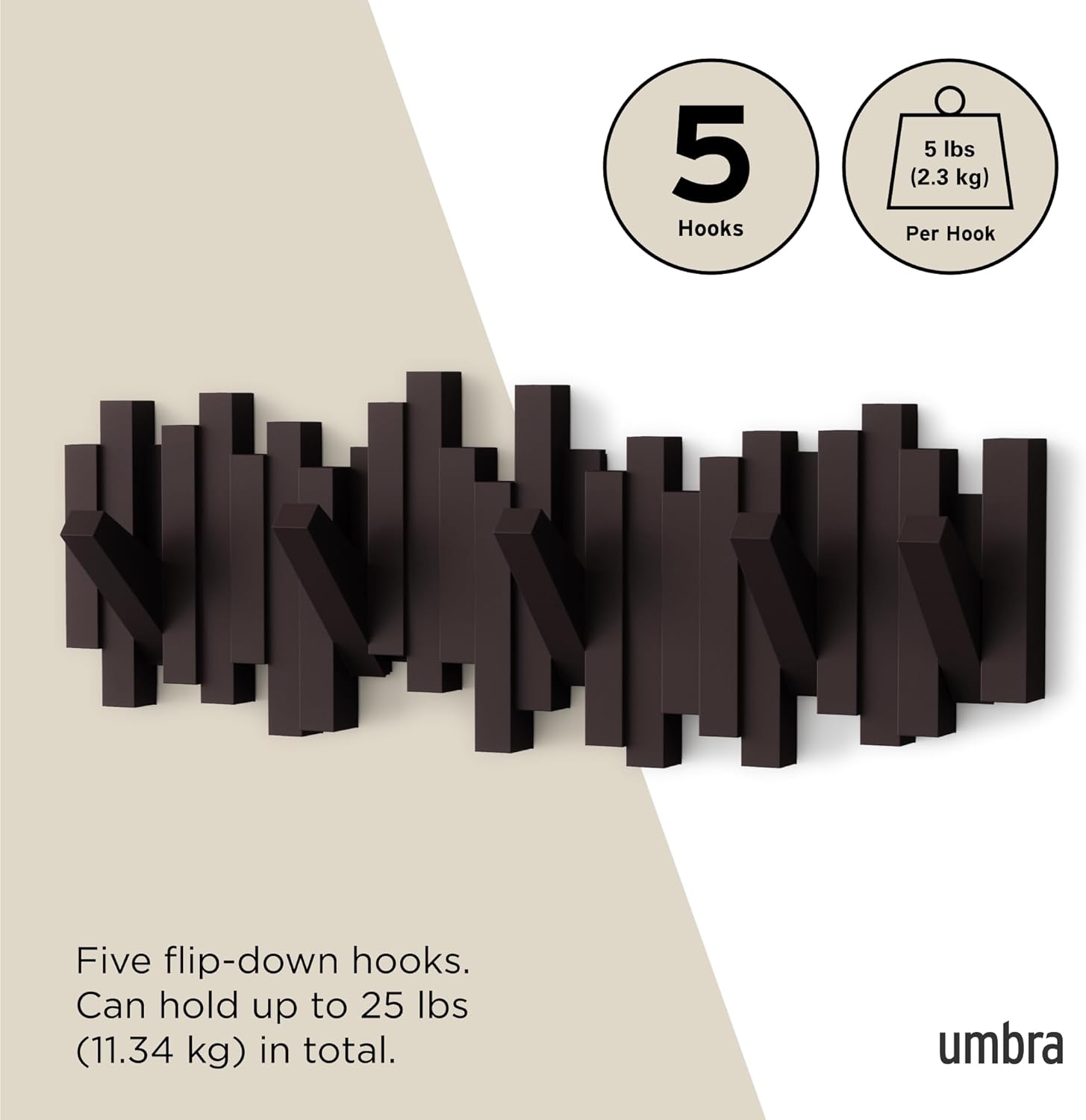 Umbra - Sticks portemanteau mural - 5 crochets rabattables - espresso
