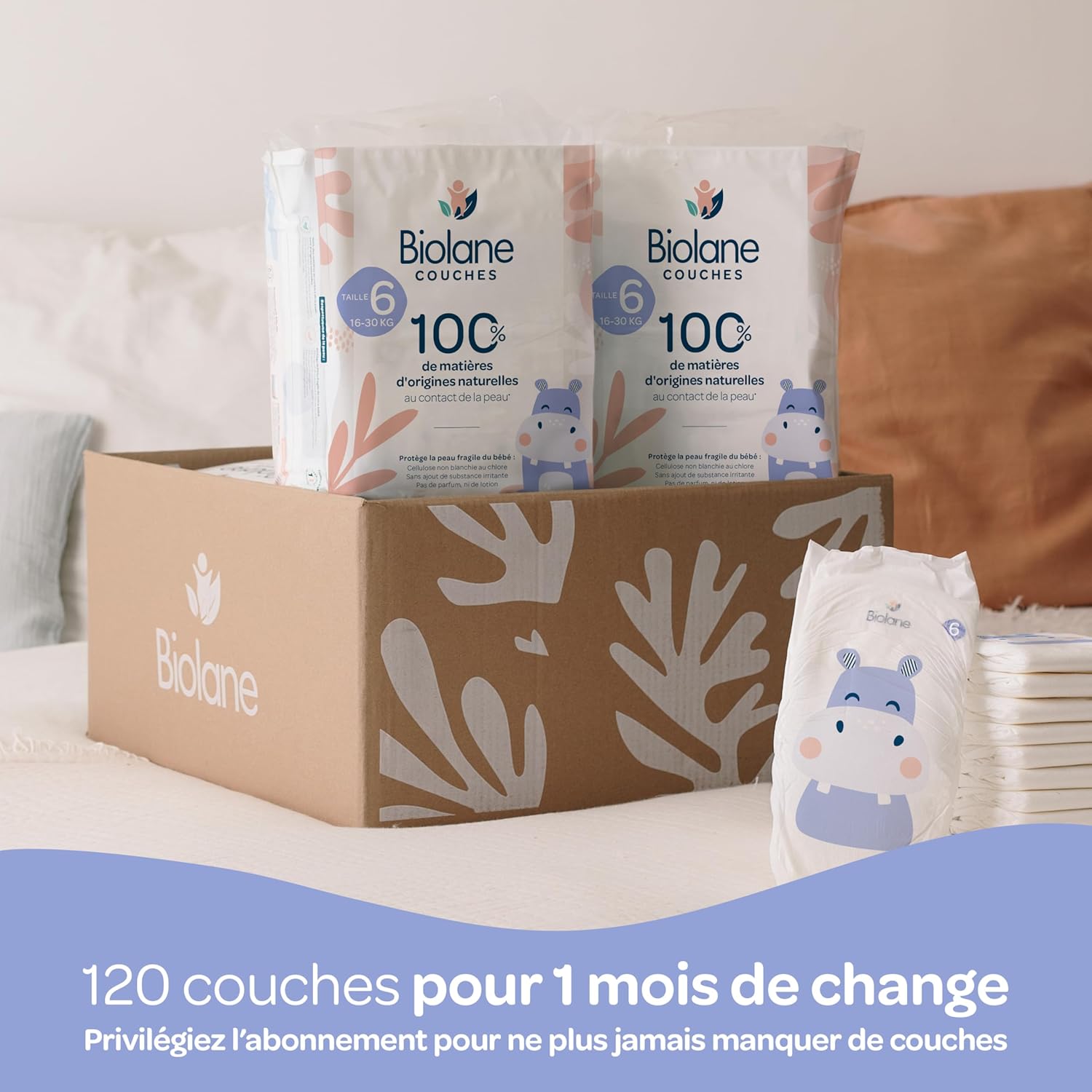 Biolane - Couches bébé Taille 6 - 16kg+ - Ultra absorbantes, 12h au sec, pack 1 mois, 120 couches