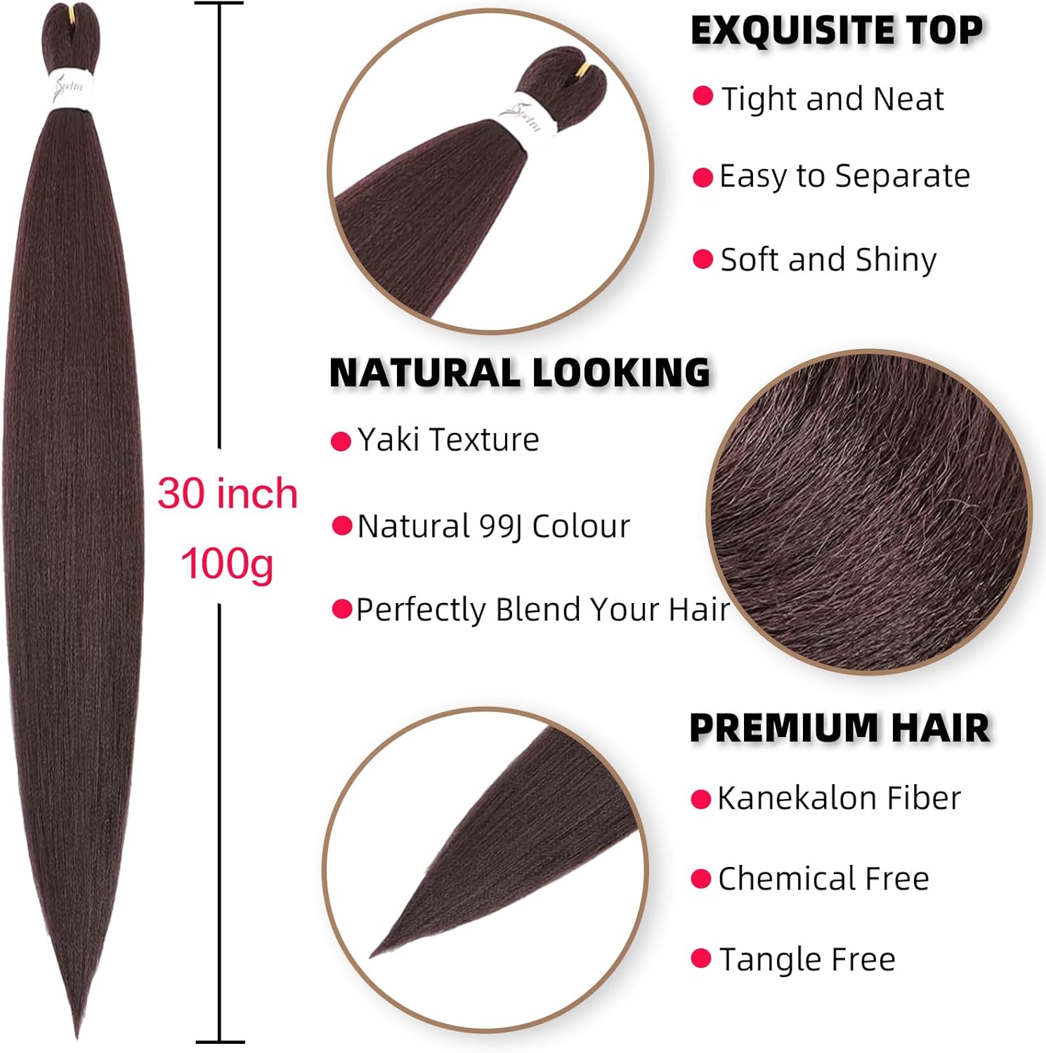 Rajout cheveux tressés pré-étirés - 30 pouces - Kanekalon, vin rouge, 6 paquets, doux et synthétique - 99J