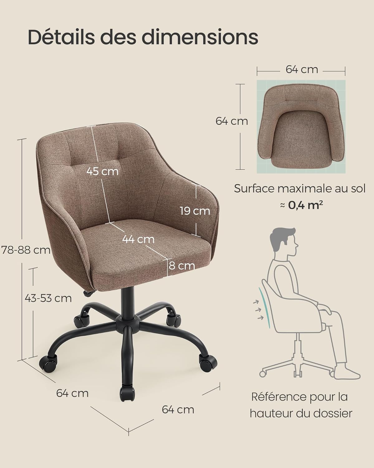 SONGMICS - chaise de bureau ergonomique - hauteur réglable, tissu coton-lin, cadre acier, capacité 110 kg - OBG019K01