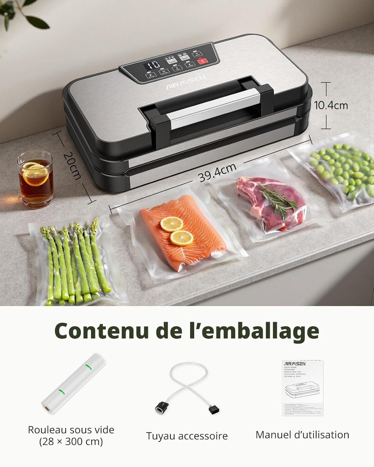 AIRMSEN - machine sous vide double scellage 30 cm, modes sec/humide, coupe-sac intégré, 95kPa