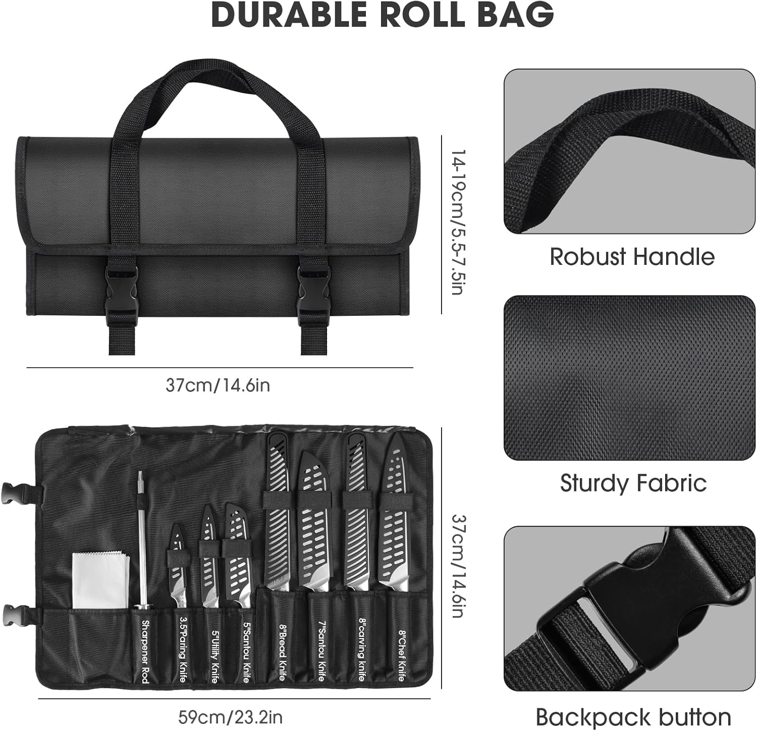 MOSFiATA - Lot 12 couteaux chef inox, étui, aiguisoir, sac transport