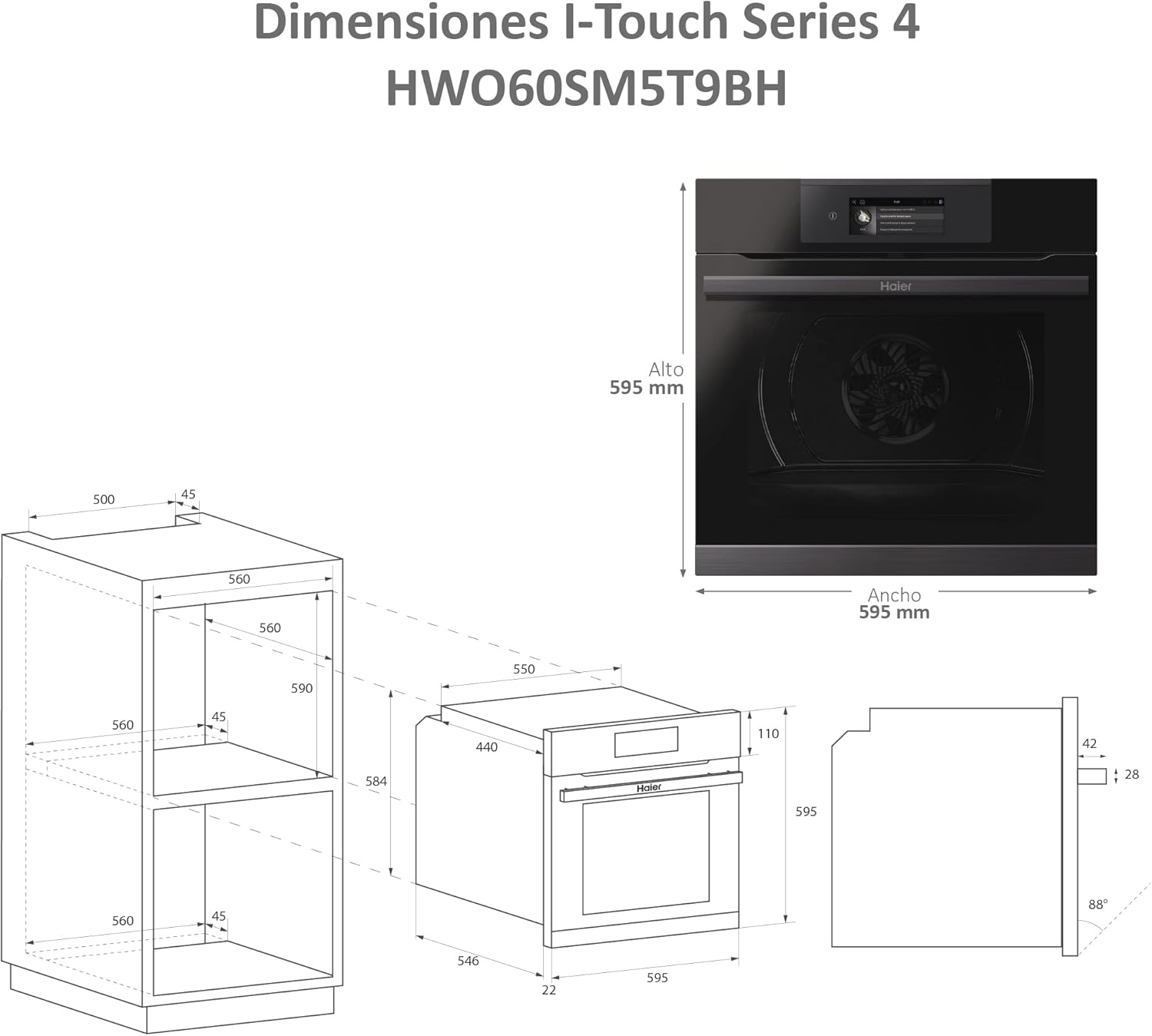 Haier - Four encastrable Series 4 70L, pyrolyse, Wi-Fi, A+ - HWO60SM5T9BH
