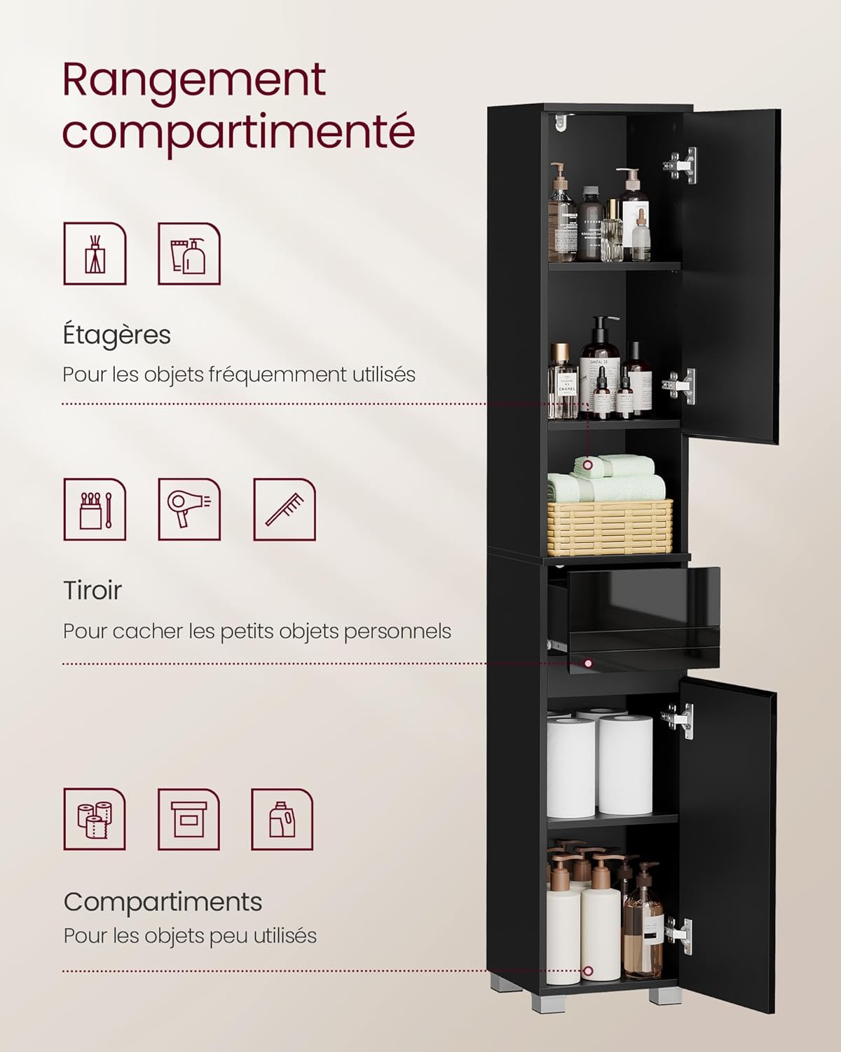 VASAGLE - colonne salle de bain, 30x30x170 cm, tiroir, étagères réglables - BBC560B01