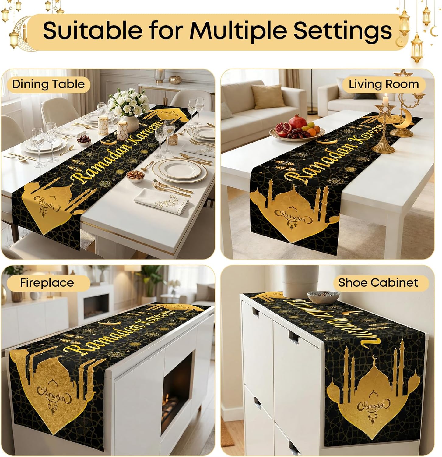 Nappe Ramadan - décor noir et doré 35x180cm, déco musulmane