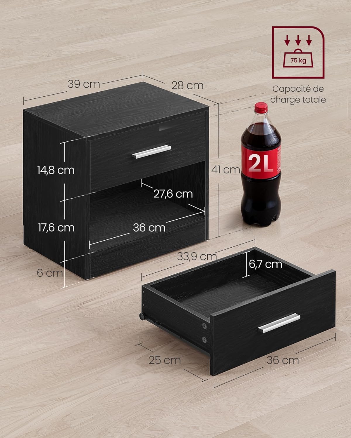VASAGLE - Table de nuit LET619T56 -  dimensions compactes - tiroir, poignée, compartiment ouvert, noir classique