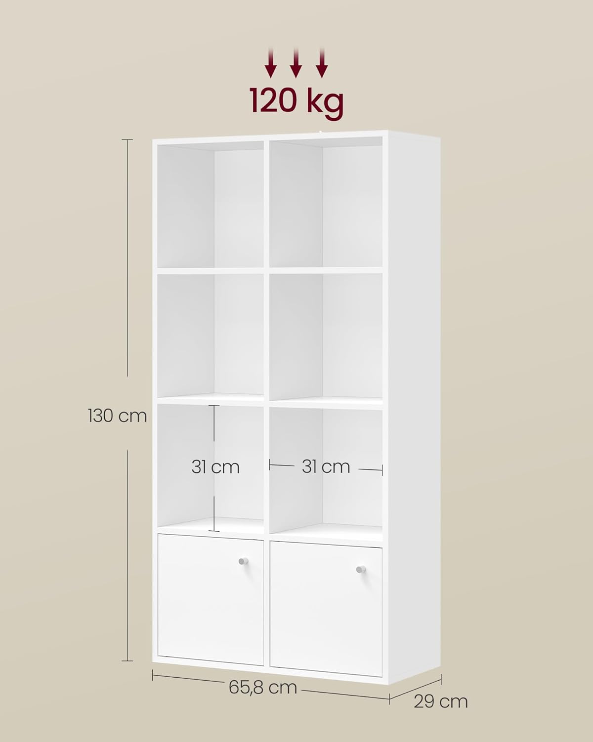 VASAGLE - Bibliothèque (serie LB) - 29x65,8x130cm - 4 niveaux, 2 placards, blanc LBC508WB01