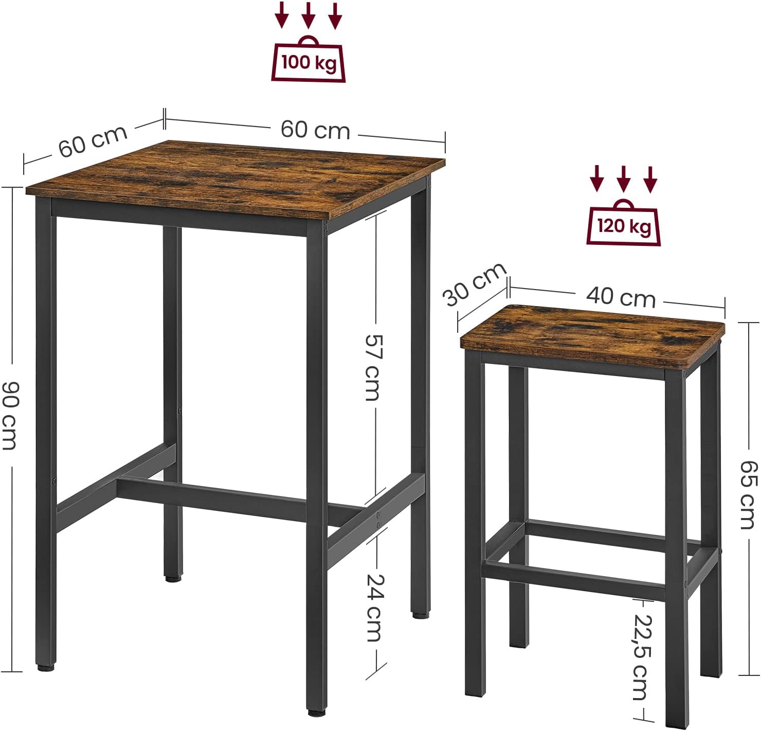 VASAGLE - Ensemble table de bar 2 tabourets, compact, bois métal, LBT017B01