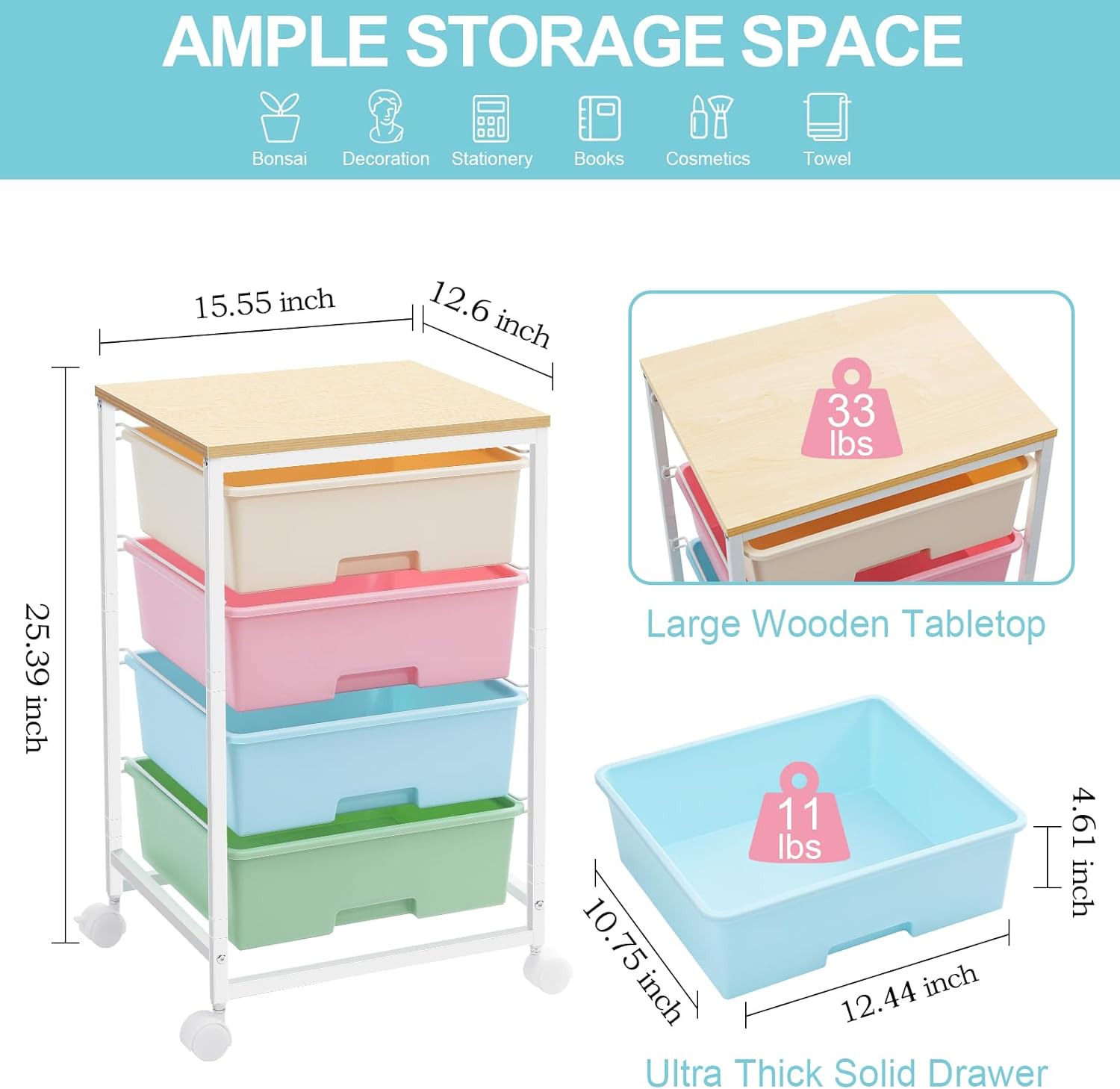 Chariot de rangement - 4 tiroirs, roulettes, plateau bois, grande capacité, multicolore - idéal cuisine/salon/chambre