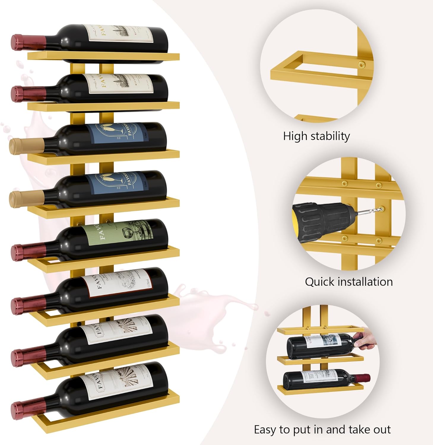 FAVOOSTY - Porte-bouteilles mural 8 niveaux métal, doré, 80x20 cm