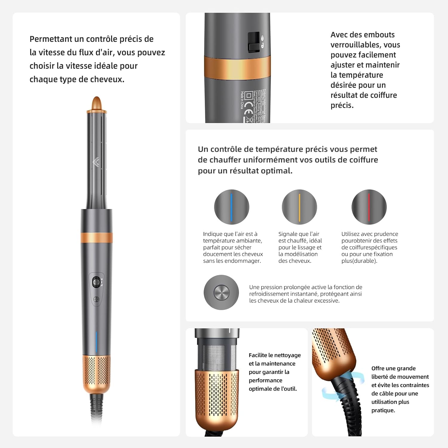 Brosse soufflante 6 en 1, ionique, 120K RPM, auto-boucleur, séchage, lissage