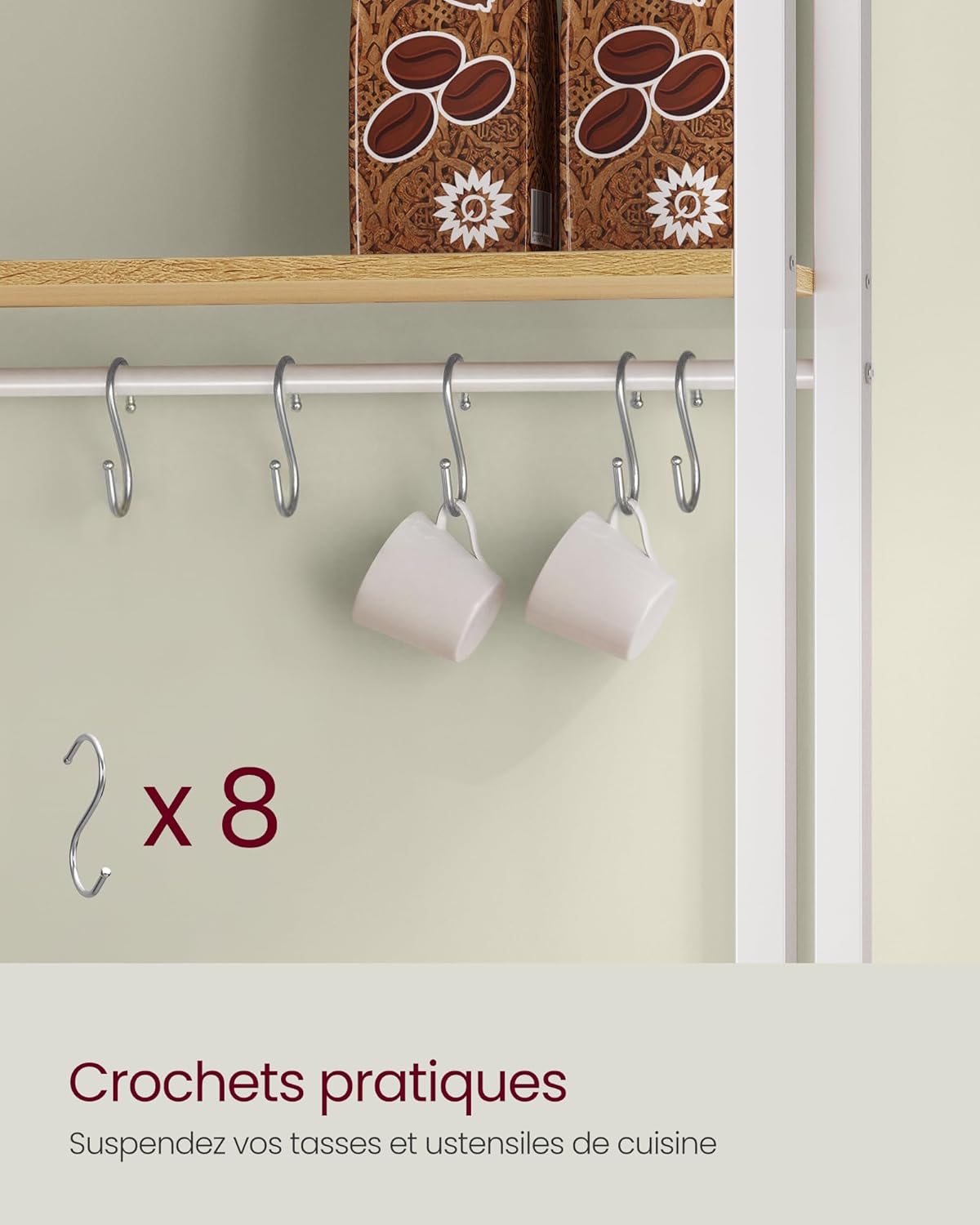 VASAGLE - étagère cuisine, 40x80x170cm, bar à café, 8 crochets, KKS059YA02