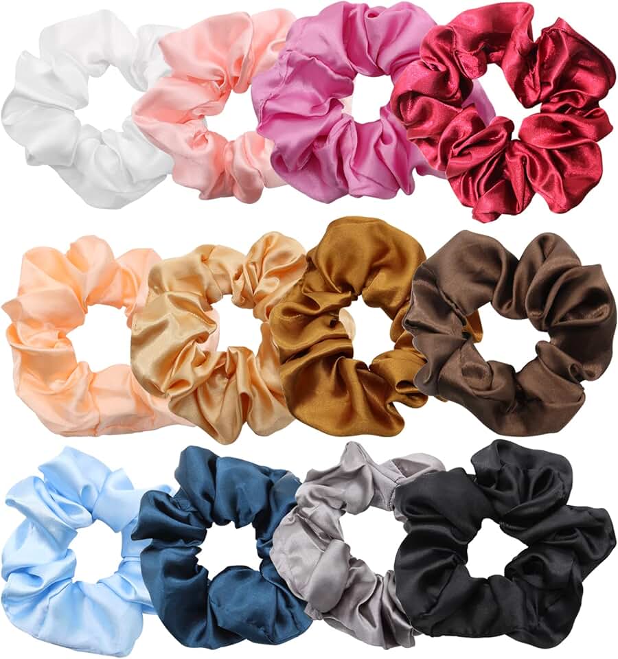 Chouchou en soie - lot de 12 - satin, couleurs variées, élastique