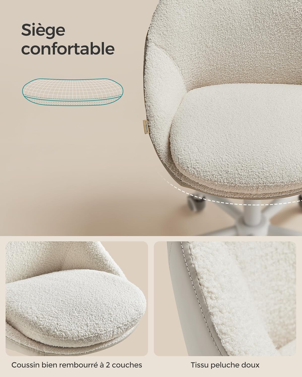 Songmics - fauteuil bureau peluche PU, hauteur réglable, confort OBG020W01