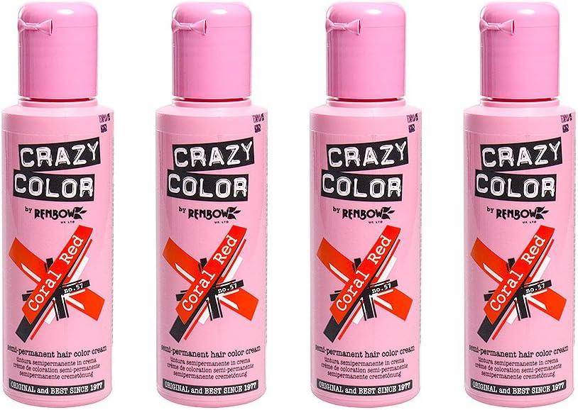 Renbow - Crazy Colour Coral Red - 100ml - coloration semi-permanente, lot de 4