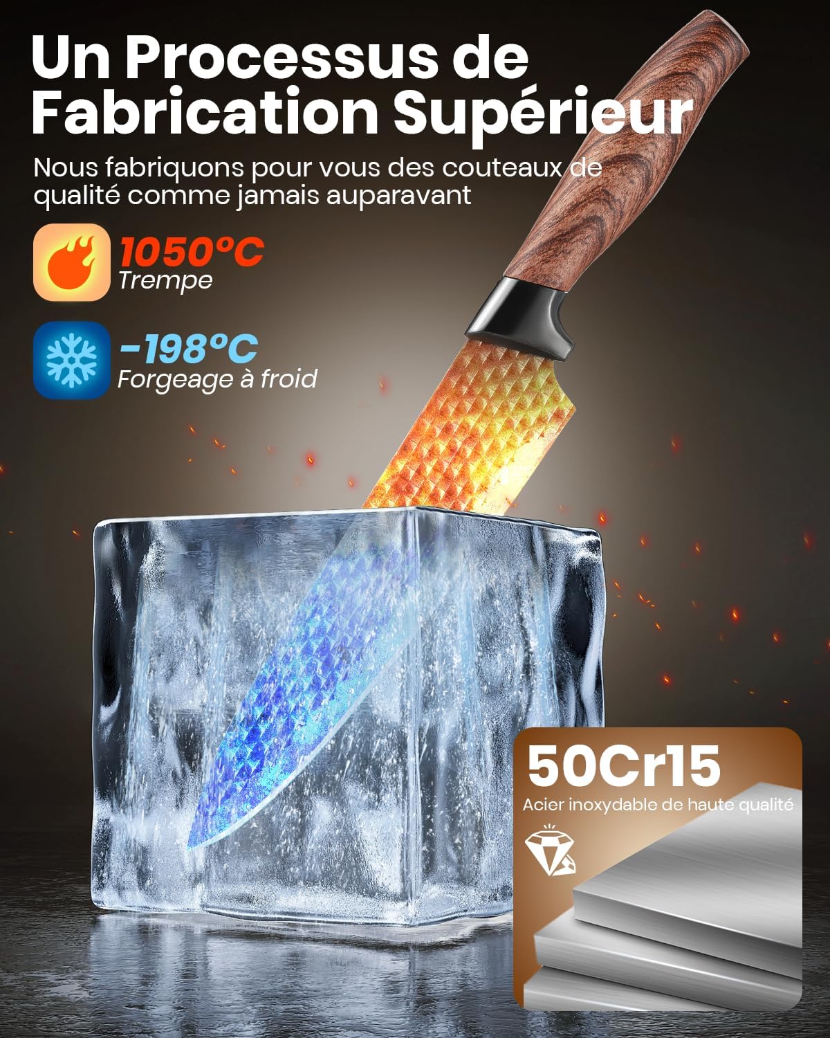 Couteaux de cuisine - set 7 pièces, acier inox, manches ergonomiques, bloc inclus