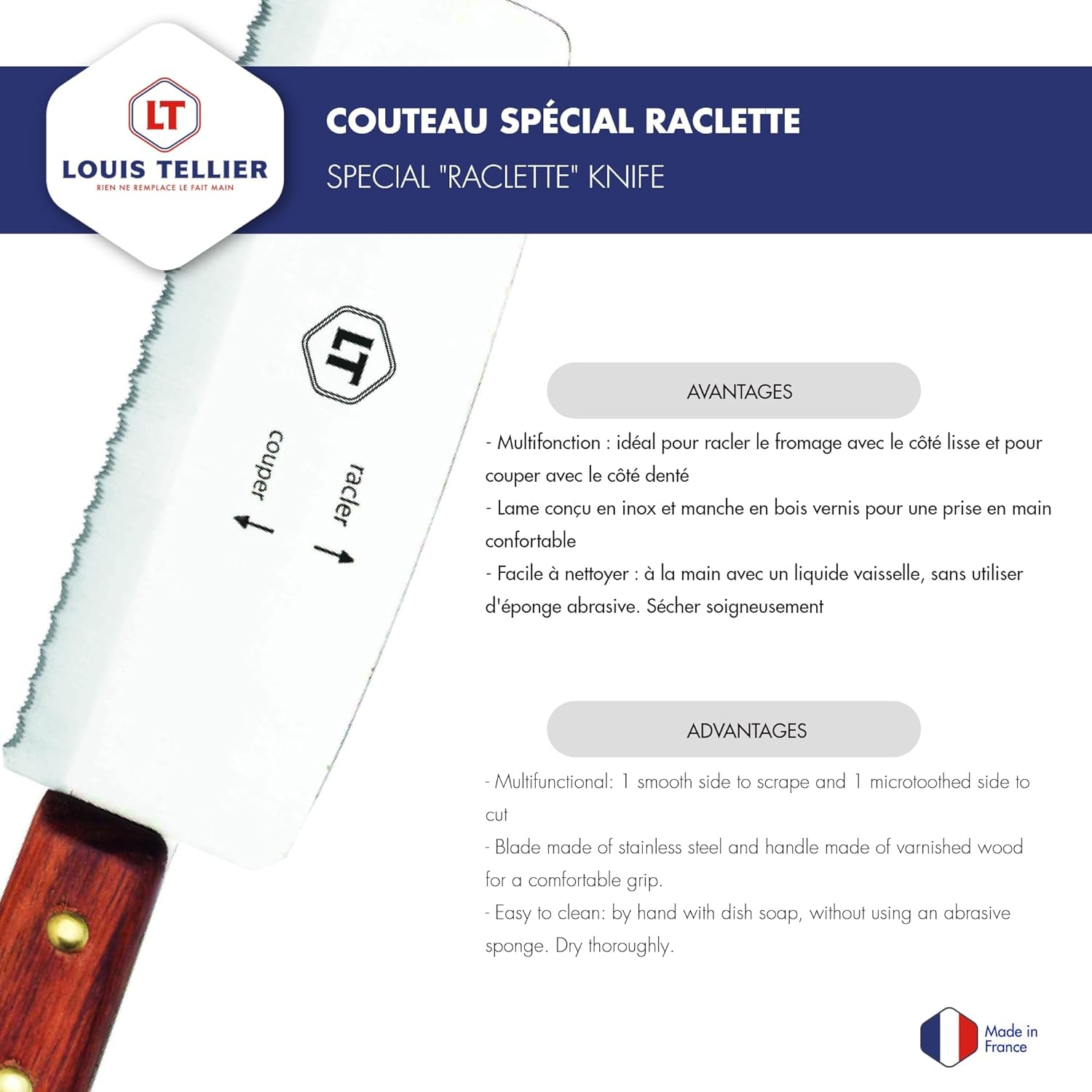 Louis Tellier - Couteau raclette bois/inox - 24,5x1,5x4,5 cm - côté coupe et raclette