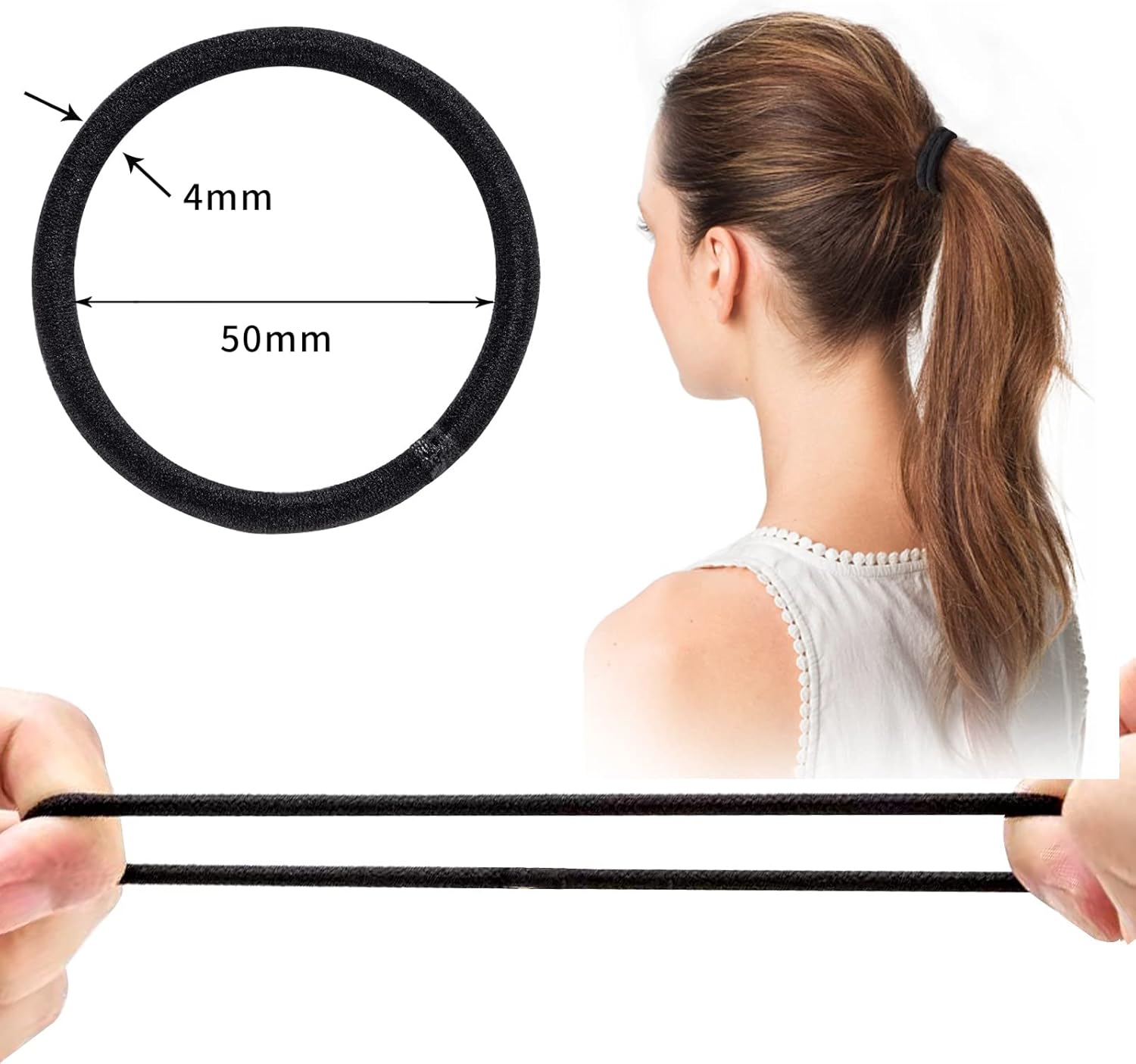 Élastiques à cheveux - lot de 32, 4mm, épais, noirs, femmes et hommes