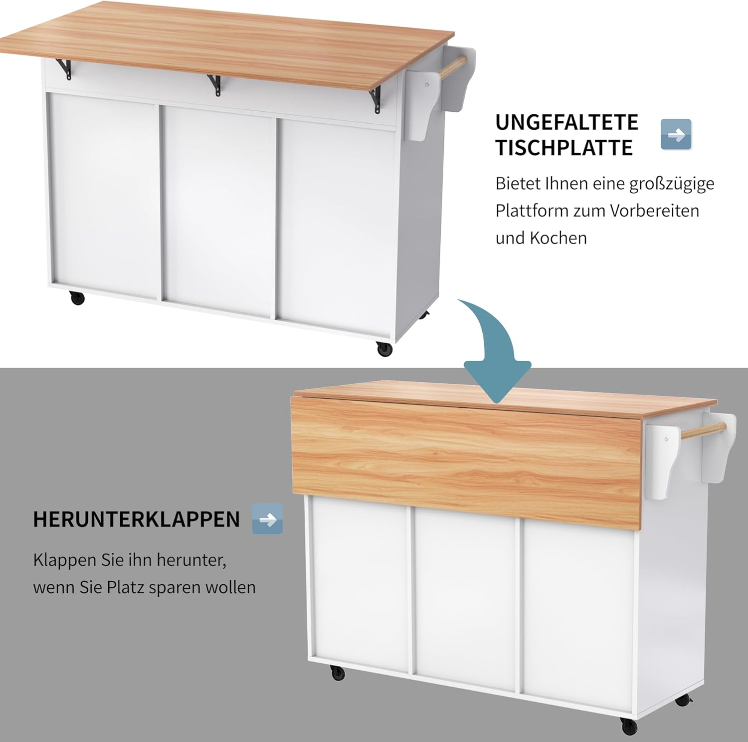 Desserte cuisine îlot - plans rabattables, 2 tiroirs, 3 portes, 129x71x91,5cm