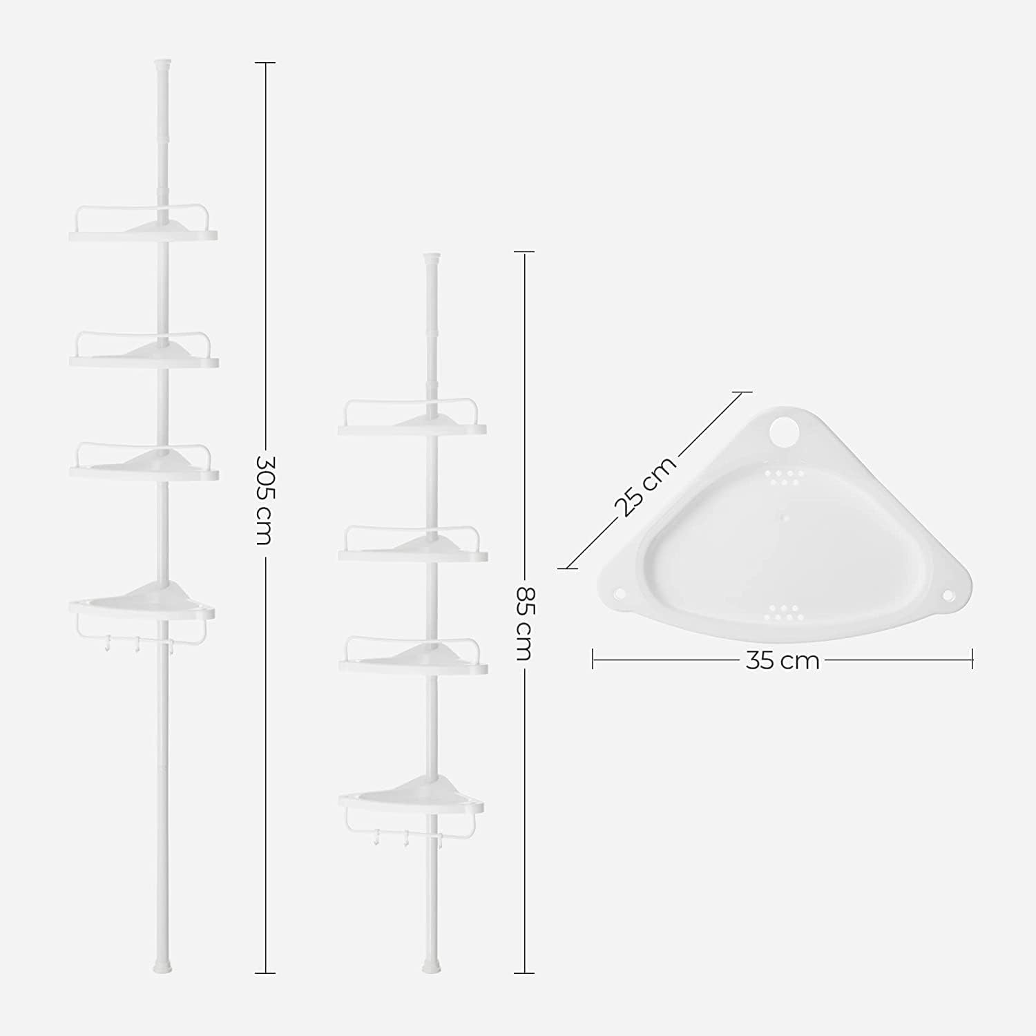 SONGMICS - étagère d'angle télescopique 85-305 cm - 4 niveaux, hauteur réglable, salle de bain BCB001A