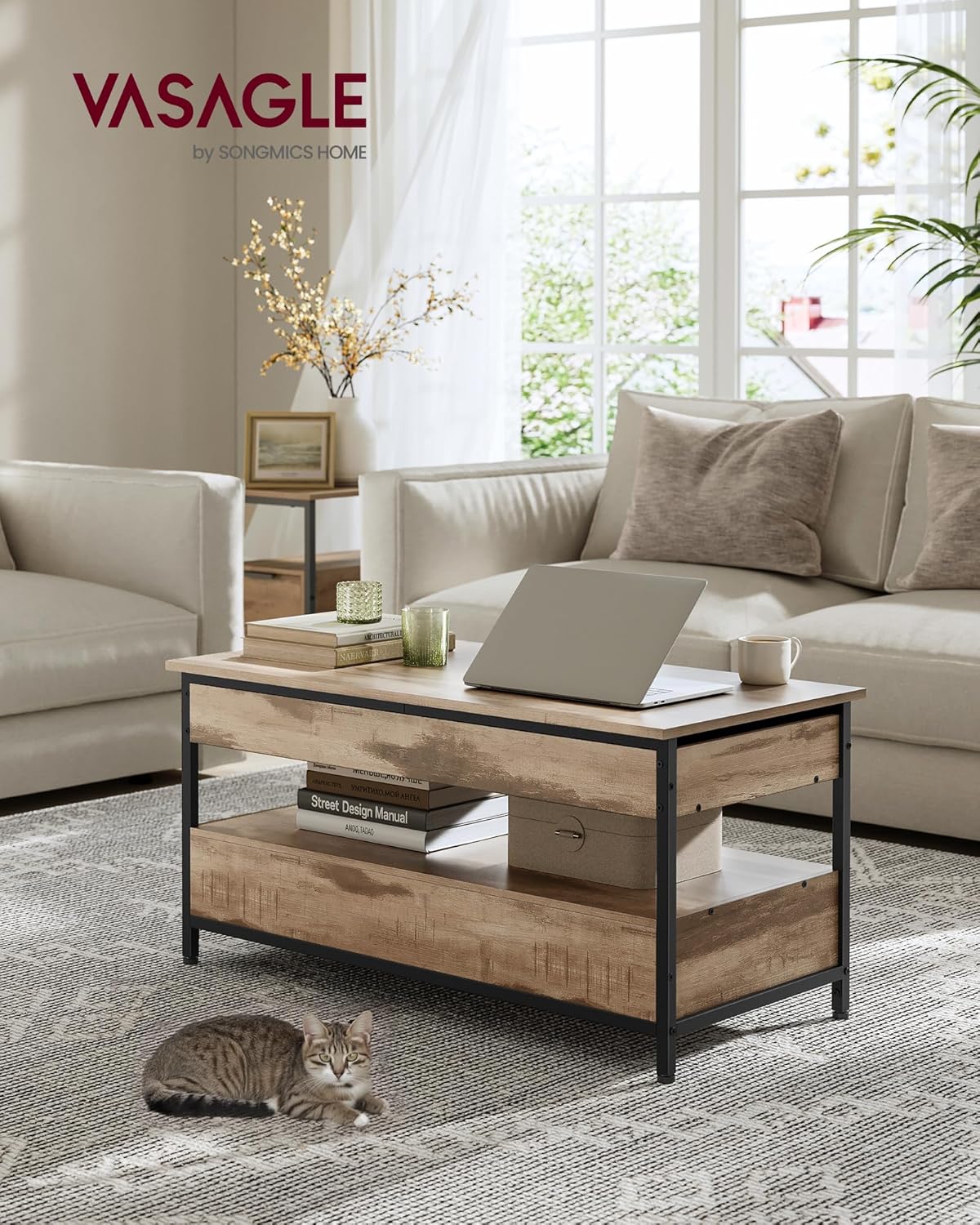 VASAGLE - table basse série LCT209K02 - espaces de rangement, plateau relevable, marron camel/ noir - LCT209K02