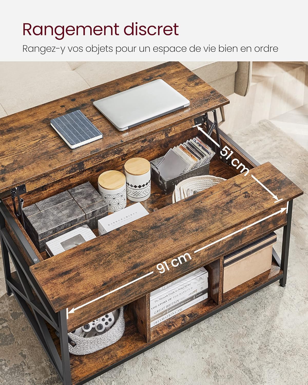 VASAGLE - Table basse à plateau relevable, 60x100x(48-62)cm, rangement multifonction, LCT205B01