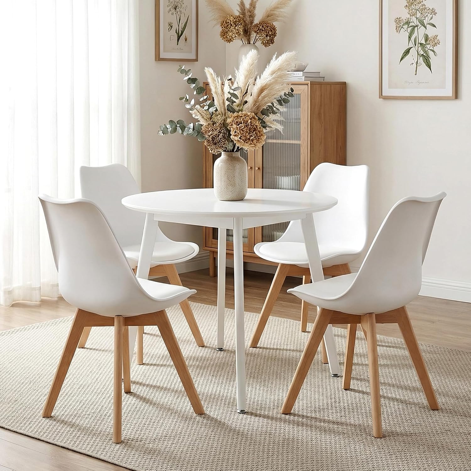 CangLong - ensemble 4 chaises rétro - bois hêtre - blanc, sièges capitonnés